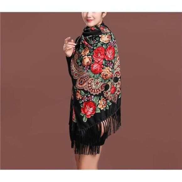 Black Floral Paisley Printed Tassel Scarf Neck Wrap Long Pashmina Shawl Tartan - Picture 4 of 6
